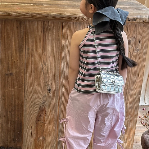 Kids Mini Shoulder Bag Quilted Metallic PU Leather Bead Handle Chain Strap Stylish Handbag For Girls Boys Baby