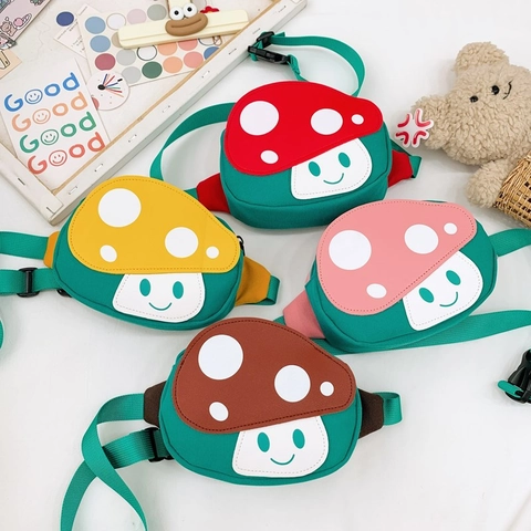 Kids Mushroom Waist Bag Nylon Cartoon Polka Dot Shaped Chest Crossbody For Boys Girls Toddlers Cute Kawaii Smiley