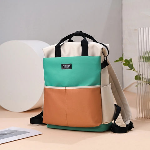 Diaper Backpack Large Capacity Color Block Nylon Multi-Functional Travel Shoulder Bag Stylish Patchwork For Women