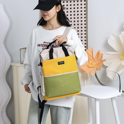 Diaper Backpack Large Capacity Color Block Nylon Multi-Functional Travel Shoulder Bag Stylish Patchwork For Women