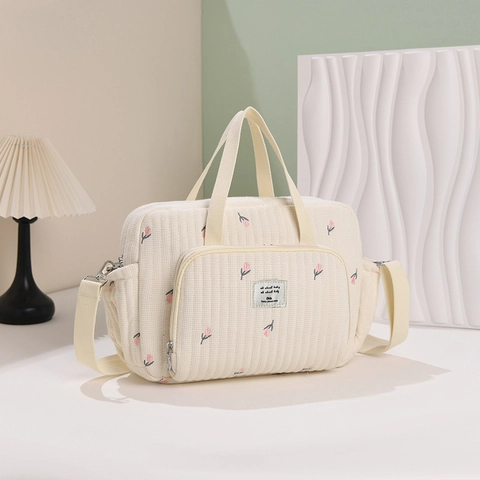 Large Capacity Quilted Diaper Bag Cartoon Bear Flower Print Mommy Travel Tote Shoulder Bag Stroller Hanging Bag