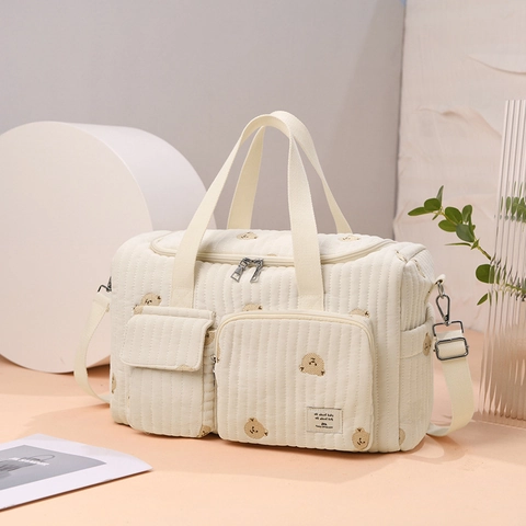 Sac À Couches Matelassé Grande Capacité Sac De Voyage Maman Multi-Poches Brodé Ours Tulipe Coton Sac À Bandoulière