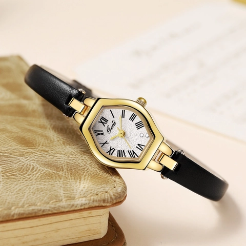 Women Quartz Watch Retro Hexagonal Gold Alloy Case PU Leather Strap Roman Numerals Waterproof Vintage Elegant Wristwatch