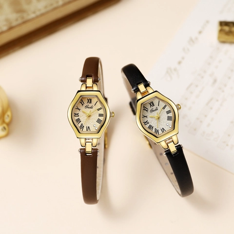 Women Quartz Watch Retro Hexagonal Gold Alloy Case PU Leather Strap Roman Numerals Waterproof Vintage Elegant Wristwatch