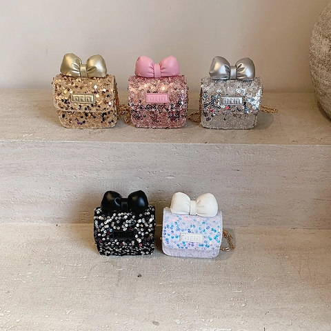 Kinderen Pailletten Schoudertas Mini PU Leer Handtas Met Grote Strik Metalen Ketting Voor Meisjes Mode Feest