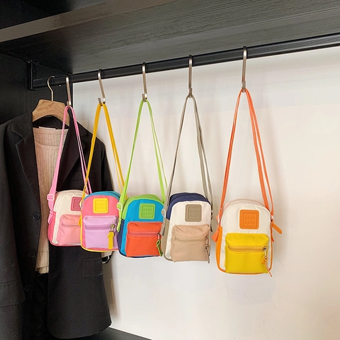 Kids Mini Crossbody Bag Canvas Color Block Shoulder Bag Adjustable Strap For Toddlers Boys Girls