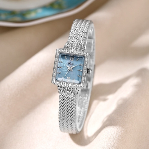 Orologio Al Quarzo Da Donna Quadrante Quadrato Madreperla Lunetta Strass Cinturino Maglia Acciaio Inossidabile Vintage