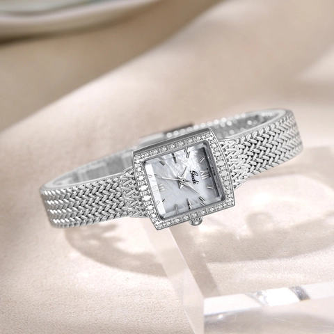 Orologio Al Quarzo Da Donna Quadrante Quadrato Madreperla Lunetta Strass Cinturino Maglia Acciaio Inossidabile Vintage
