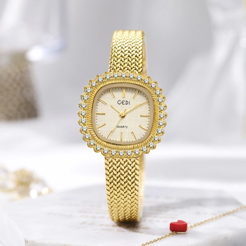 Women's Quartz Watch With Rhinestone Square Dial Vintage Retro Style Stainless Steel Mesh Strap Waterproof For Lady