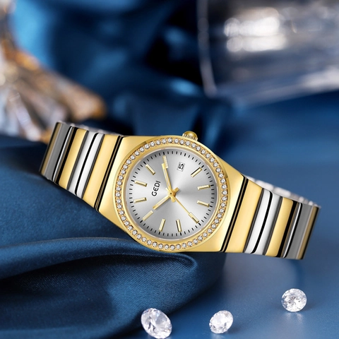 Luxus Bicolor Quarz Uhr Damen Mit Strass Lünette Legierung Gliederarmband Datumsanzeige Wasserdicht Elegante Armbanduhr