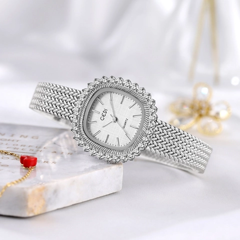 Women's Quartz Watch With Rhinestone Square Dial Vintage Retro Style Stainless Steel Mesh Strap Waterproof For Lady