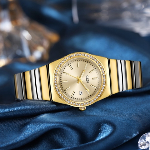 Luxus Bicolor Quarz Uhr Damen Mit Strass Lünette Legierung Gliederarmband Datumsanzeige Wasserdicht Elegante Armbanduhr