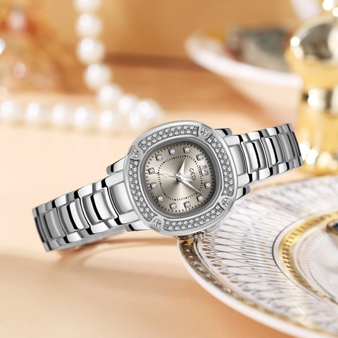 Montre À Quartz Élégante Pour Femmes Lunette Sertie De Strass Bracelet En Acier Inoxydable Étanche Pour Dames