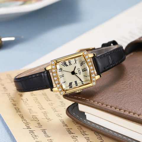 Orologio Quarzo Quadrato Retrò Donna Lunetta Strass Numeri Romani Cinturino Pelle Vera Orologio Da Polso