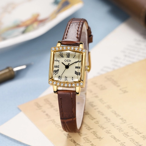 Orologio Quarzo Quadrato Retrò Donna Lunetta Strass Numeri Romani Cinturino Pelle Vera Orologio Da Polso