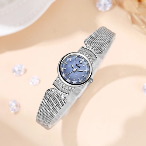 Women Fashion Quartz Watch Mother Of Artificial Pearl Dial Stainless Steel Mesh Strap Elegant Rhinestone Luxury Small Wristwatch Water Resistant