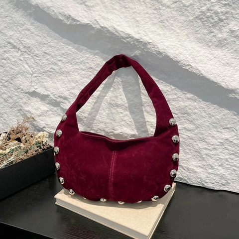 Bolso De Hombro Hobo Chic PU Gamuza Remaches Plateados Grandes Bolso De Axila Retro Color Sólido Para Mujeres