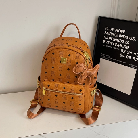 Cartoon Bear Print PU Leather Backpack For Women Fashion Monogram School Bag Travel Rucksack
