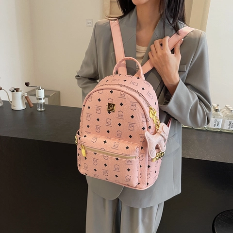 Cartoon Bear Print PU Leather Backpack For Women Fashion Monogram School Bag Travel Rucksack