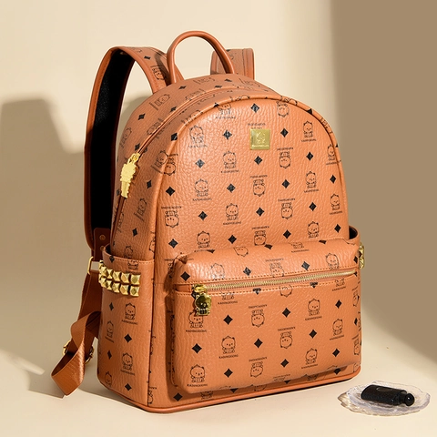 Mochila De Moda Cuero PU Estampado Monograma Oso Dibujos Animados Gran Capacidad Bolso Escolar Universidad Remaches Dorados