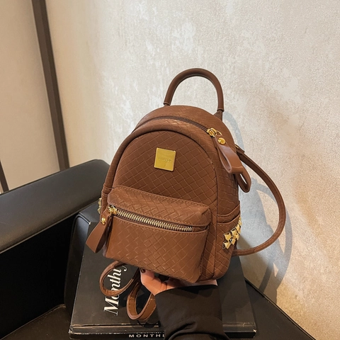 Damen Mini Rucksack PU Leder Webstruktur Koreanischen Stil Kleiner Tagesrucksack Gold Hardware Besetzt Modische Student Reise Tasche