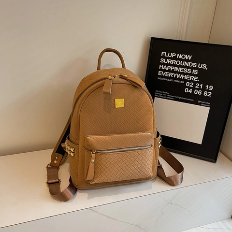 Women Woven Texture PU Leather Backpack Fashion Gold Rivets Studded Minimalist Large Capacity School Travel Rucksack