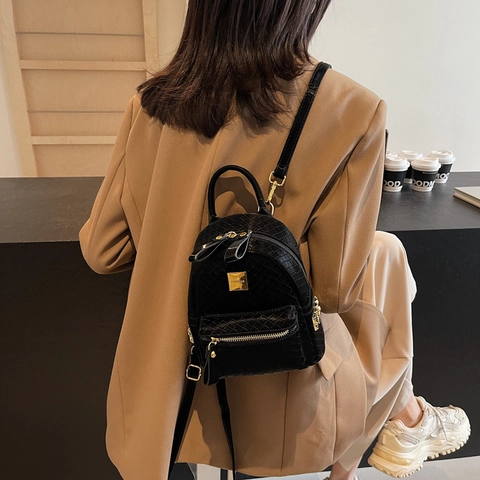 Damen Mini Rucksack PU Leder Webstruktur Koreanischen Stil Kleiner Tagesrucksack Gold Hardware Besetzt Modische Student Reise Tasche