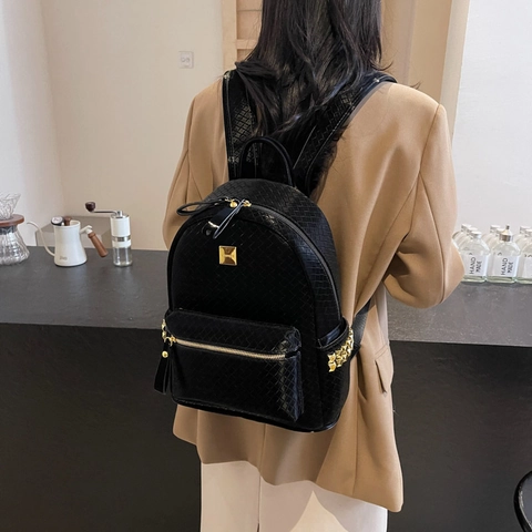 Women Woven Texture PU Leather Backpack Fashion Gold Rivets Studded Minimalist Large Capacity School Travel Rucksack