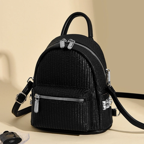 Damen Mini Rucksack PU Gewebtes Leder Niete Mode Lässig Klein Reise Tagesrucksack Atmungsaktiv Elegant