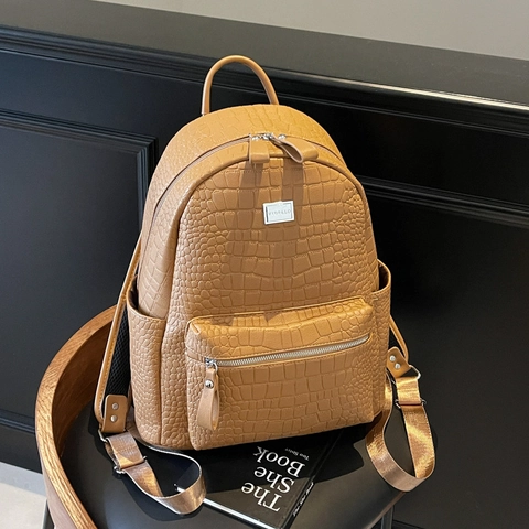 Zaino Moda Donna Pelle PU Con Goffratura Coccodrillo Grande Capacità Vintage Urbano Viaggio Scuola Tasche Multiple