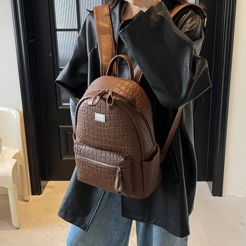Zaino Moda Donna Pelle PU Con Goffratura Coccodrillo Grande Capacità Vintage Urbano Viaggio Scuola Tasche Multiple