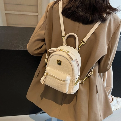 Mini Mochila De Moda Para Mujer Cuero De PU Patrón De Cocodrilo Herrajes Dorados Casual Conmutar Viaje Correas Ajustables Elegante