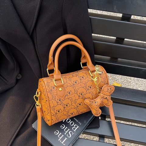 Borsa Boston Con Stampa Orsetto Cartone Animato Pelle PU Cilindro Borsa A Spalla Con Tracolla Regolabile Per Donna Moda