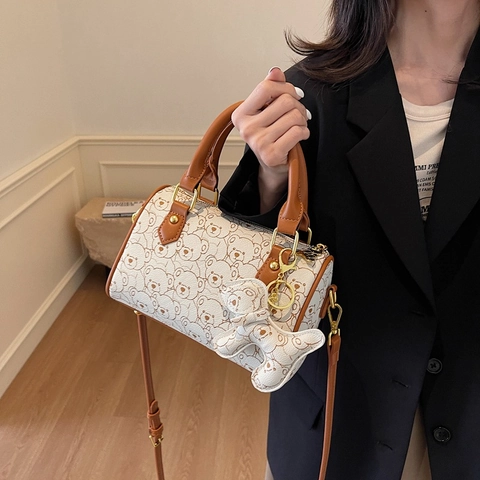 Borsa Boston Con Stampa Orsetto Cartone Animato Pelle PU Cilindro Borsa A Spalla Con Tracolla Regolabile Per Donna Moda
