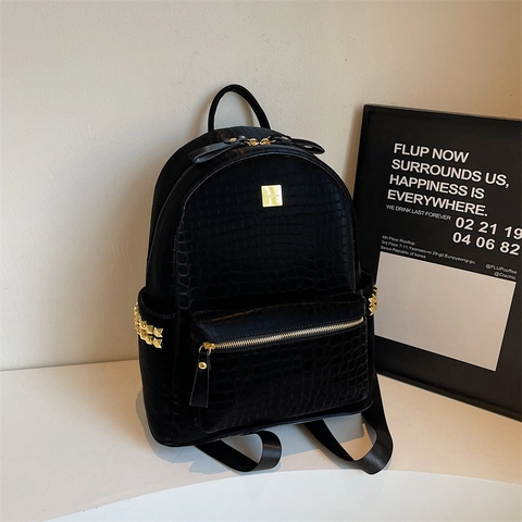 Women Fashion Backpack Crocodile Pattern PU Leather Large Capacity Golden Studs Urban Commuting Travel Schoolbag