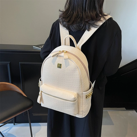 Women Fashion Backpack Crocodile Pattern PU Leather Large Capacity Golden Studs Urban Commuting Travel Schoolbag