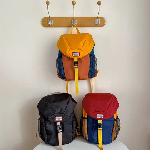 Mochila Infantil Lona Bloque De Color Cartera Cierre De Hebilla Cordón Para Niños Niñas Jardín De Infancia Viaje