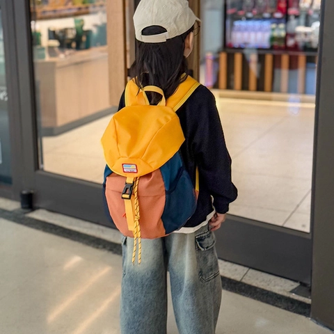 Mochila Infantil Lona Bloque De Color Cartera Cierre De Hebilla Cordón Para Niños Niñas Jardín De Infancia Viaje
