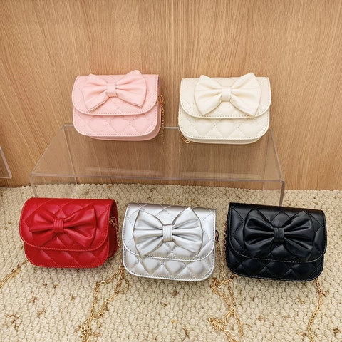 Kids Girls Bow Quilted Crossbody Bag PU Leather Metal Chain Mini Shoulder Purse Sweet Fashion Toddler Handbag