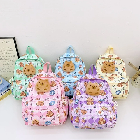 Kinderrugzak Nylon Geblokte Print Cartoon Capybara Ontwerp Met Pluche Knuffel Schattige Schooltas Voor Jongens Meisjes