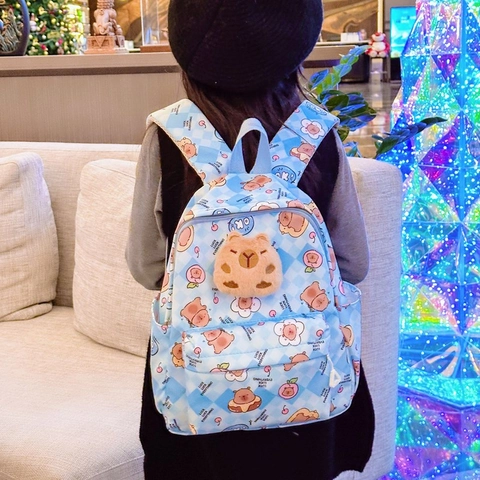 Kinderrugzak Nylon Geblokte Print Cartoon Capybara Ontwerp Met Pluche Knuffel Schattige Schooltas Voor Jongens Meisjes