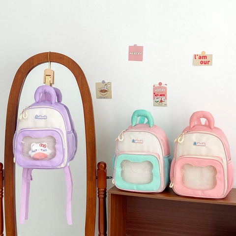 Mochila Para Niños Nylon Lindo Dibujos Animados Bloque De Color Bolsa Escolar Con Ventana Transparente Y Muñeca De Peluche Para Niños Pequeños