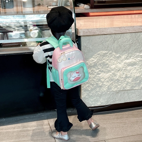 Mochila Para Niños Nylon Lindo Dibujos Animados Bloque De Color Bolsa Escolar Con Ventana Transparente Y Muñeca De Peluche Para Niños Pequeños