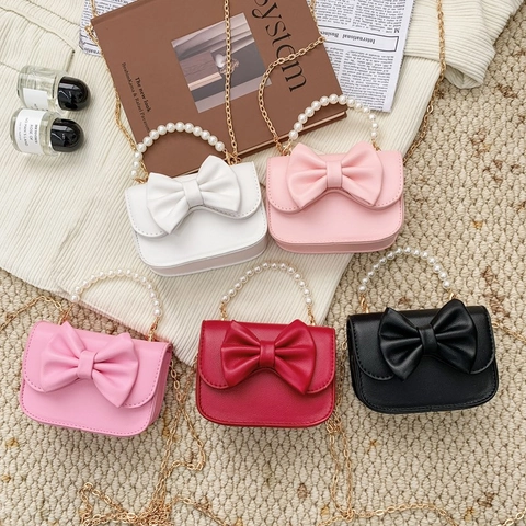 Girls Mini Crossbody Bag PU Leather Large Bow Artificial Pearl Handle Gold Chain Strap Cute Handbag For Party Gift