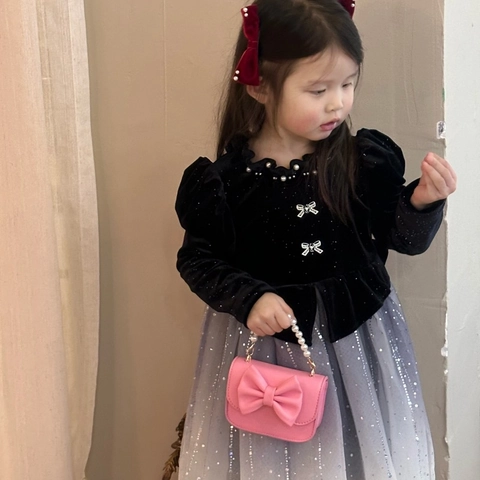 Girls Mini Crossbody Bag PU Leather Large Bow Artificial Pearl Handle Gold Chain Strap Cute Handbag For Party Gift
