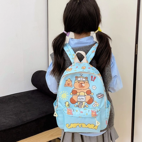 Capybara Cartoon Kids Backpack Nylon Cute Printed Schoolbag For Kindergarten Primary School Students Breathable Lightweight