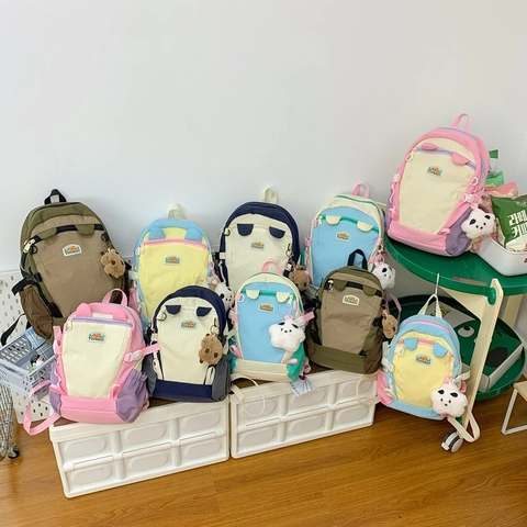Kids Backpack Cute Cartoon Color Block Nylon School Bag With Plush Pendant Adjustable Straps For Boys Girls Students