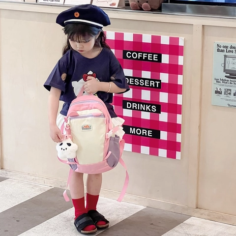 Kids Backpack Cute Cartoon Color Block Nylon School Bag With Plush Pendant Adjustable Straps For Boys Girls Students