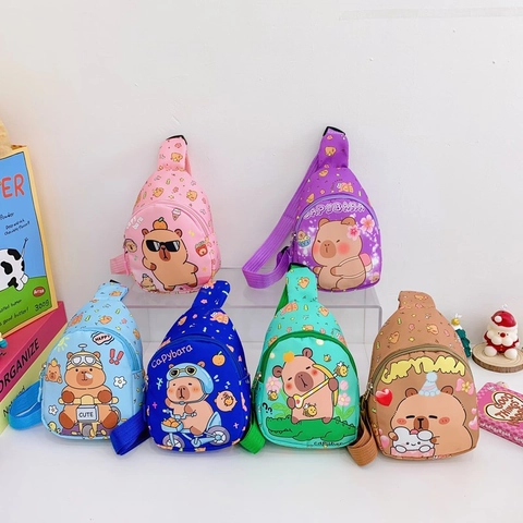 Kids Cartoon Capybara Print Crossbody Chest Bag Nylon Material Adjustable Strap Casual Cute Style For Boys And Girls