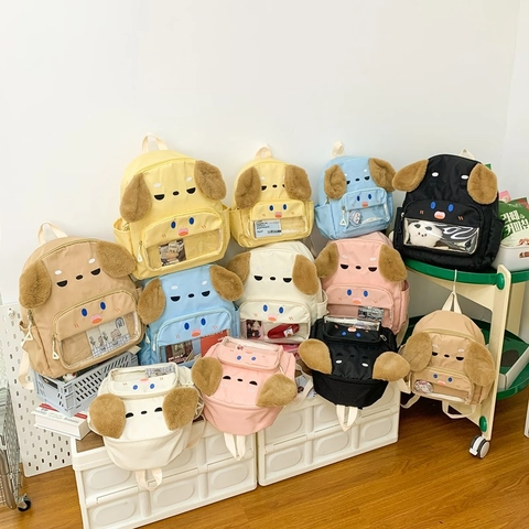 Kinder Rucksack Cartoon Hund Niedliche Plüschohren Twill Stoff Transparentes Fenster Kindergarten Schultasche Für Jungen Mädchen
